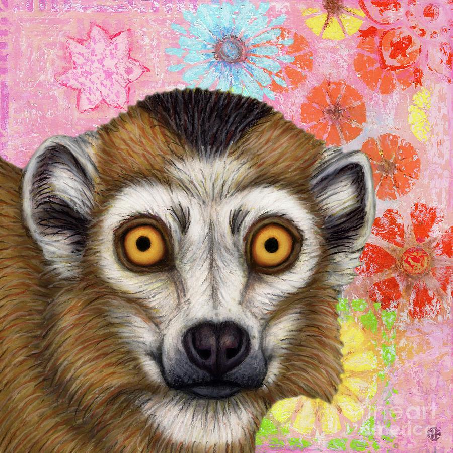 Crowned Lemur Abstract Floral Painting by Amy E Fraser