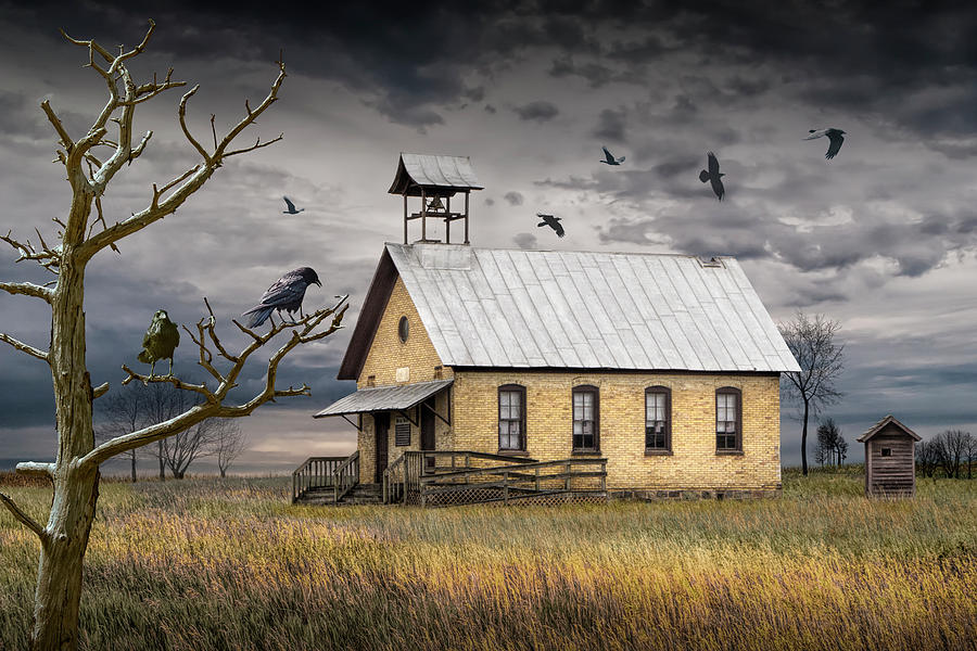 Crows and Ravens Hovering over an Old Vacant One Room Country Sc Photograph by Randall Nyhof