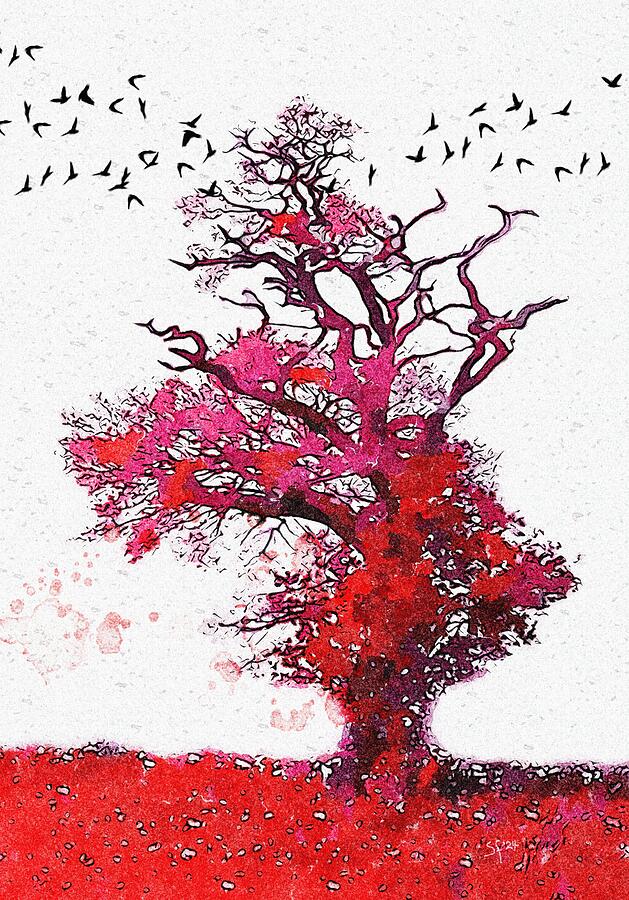 Crows Flying Over Gnarly Red Tree Watercolor Landscape Mixed Media by Shelli Fitzpatrick