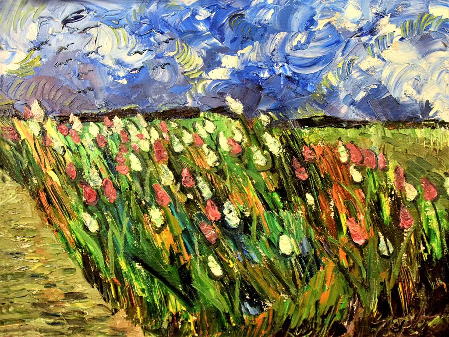 Impressionism Painting - Crows Flying Over Tulips by Lord Toph