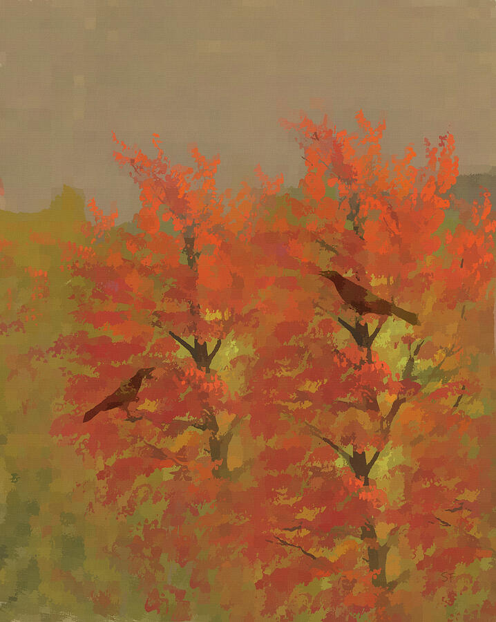 Crows in Autumn Abstracted  Digital Art by Shelli Fitzpatrick