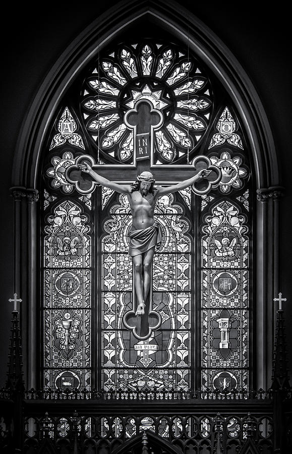 Crucifix And Glass In Black and White Photograph by Greg and Chrystal Mimbs