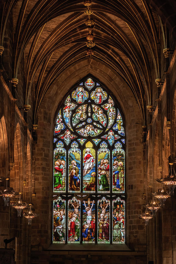 Crucifixion and Ascension of Jesus Stained Glass in St Giles Cat Photograph by Artur Bogacki