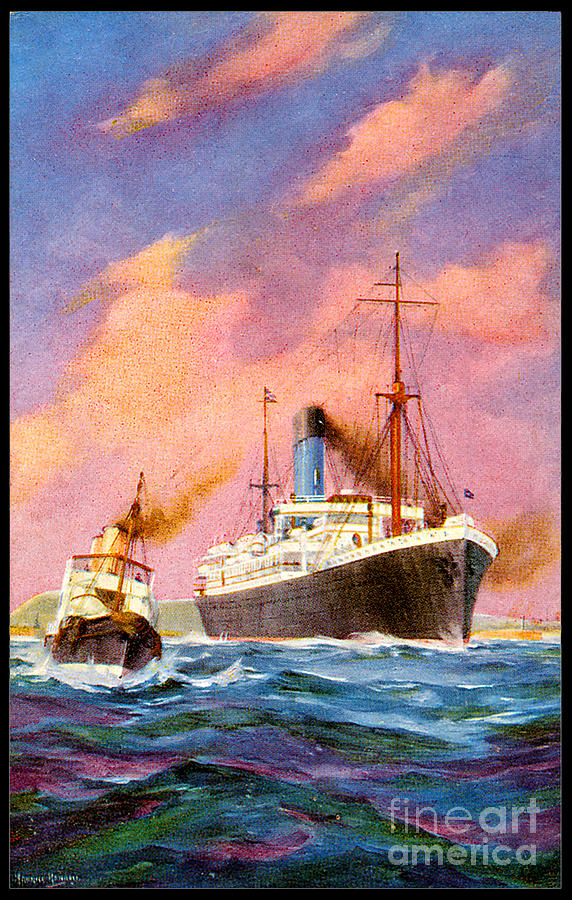 Cruise Ship Postcard With Tugboat Ca 1920 Painting