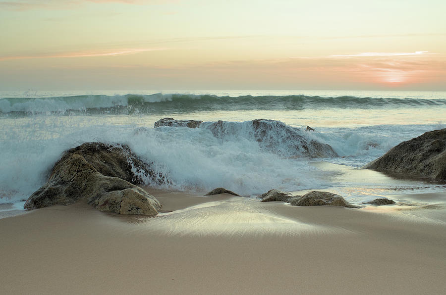Crushing waves in Salgados beach at sunset - Algarve Photograph by Angelo DeVal