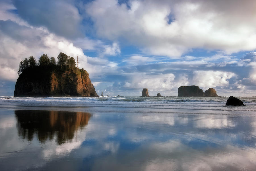 Crying Rock and evening cloud reflections at Second Beach. Photograph ...