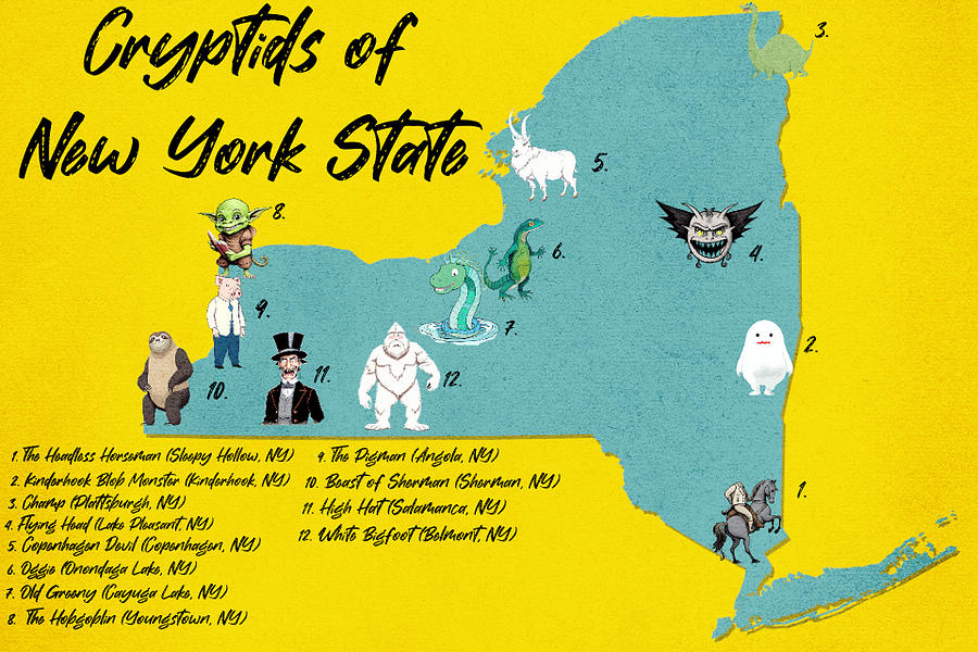 Cryptids Of New York State Map Digital Art By Hunter Whitman Fine Art