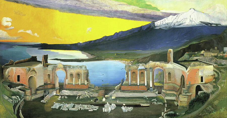 Csontvary paintings - Ruins of the Greek temple at Taormina, Sicily, Italy, sunset view of the Etna Painting by Csontvary Kosztka Tivadar