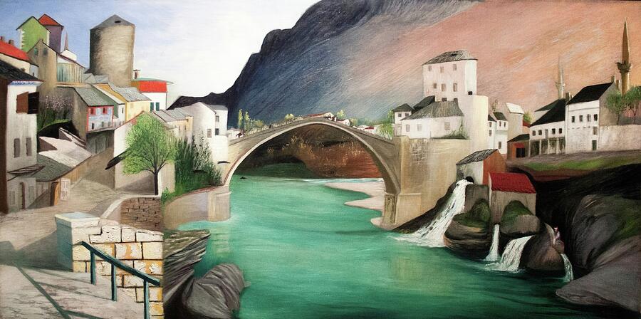 Csontvary paintings - The Roman bridge at Mostar, early 1900s view of the town Painting by Csontvary Kosztka Tivadar Csontvary paintings - The Roman bridge at Mostar, early 1900s view of the town Painting by Csontvary Kosztka Tivadar