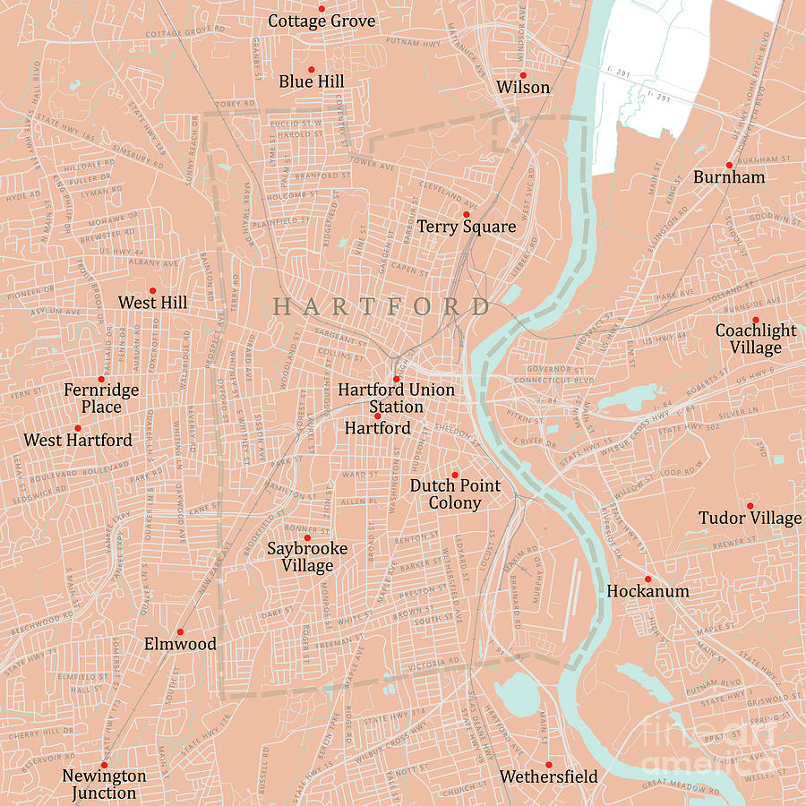 Hartford Digital Art - CT Hartford City Vector Road Map by Frank Ramspott