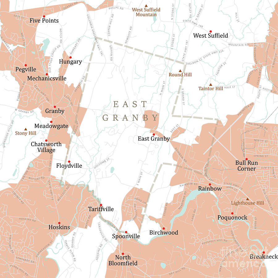 CT Hartford East Granby Vector Road Map Digital Art by Frank Ramspott ...