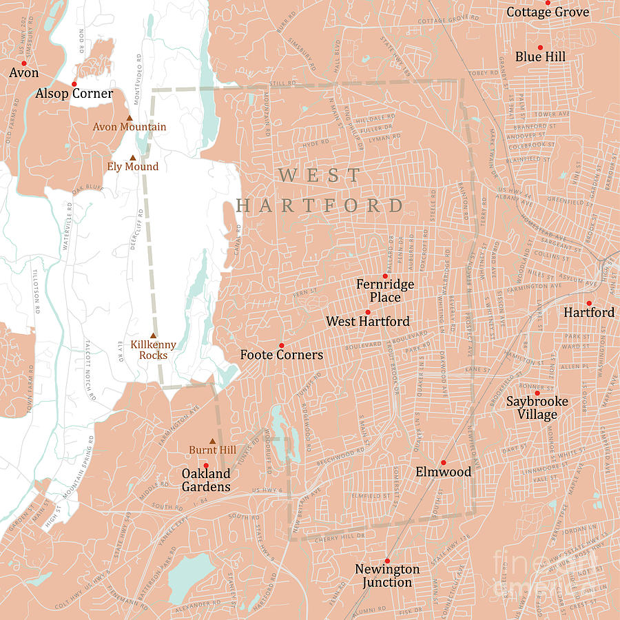 CT Hartford West Hartford Vector Road Map Digital Art by Frank Ramspott