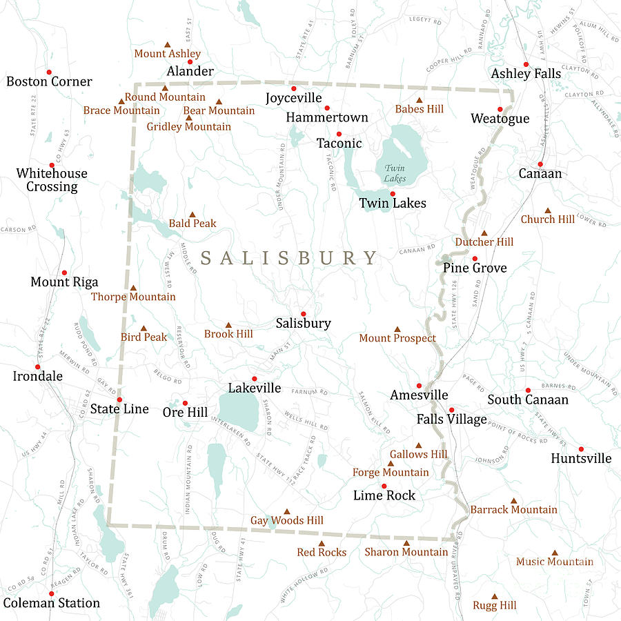 CT Litchfield Salisbury Vector Road Map Digital Art by Frank Ramspott ...