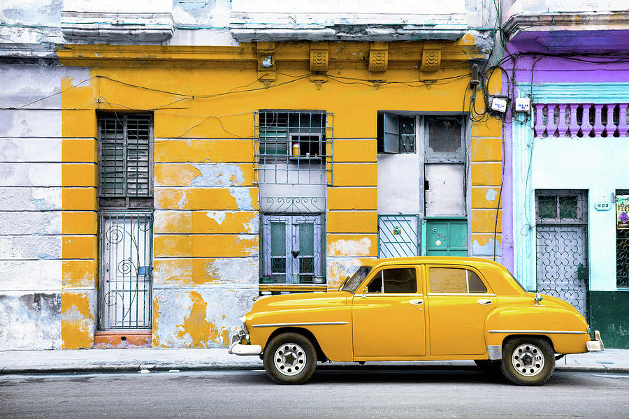 Cuba Fuerte Collection - Yellow Vintage American Car in Havana Mixed Media by Philippe HUGONNARD