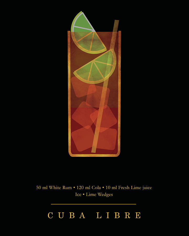 Summer Digital Art - Cuba Libre Cocktail - Classic Cocktail Print - Black and Gold - Modern, Minimal Lounge Art  by Studio Grafiikka