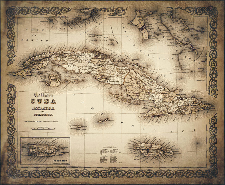 Vintage Photograph - Cuba Vintage Map 1855 Sepia  by Carol Japp