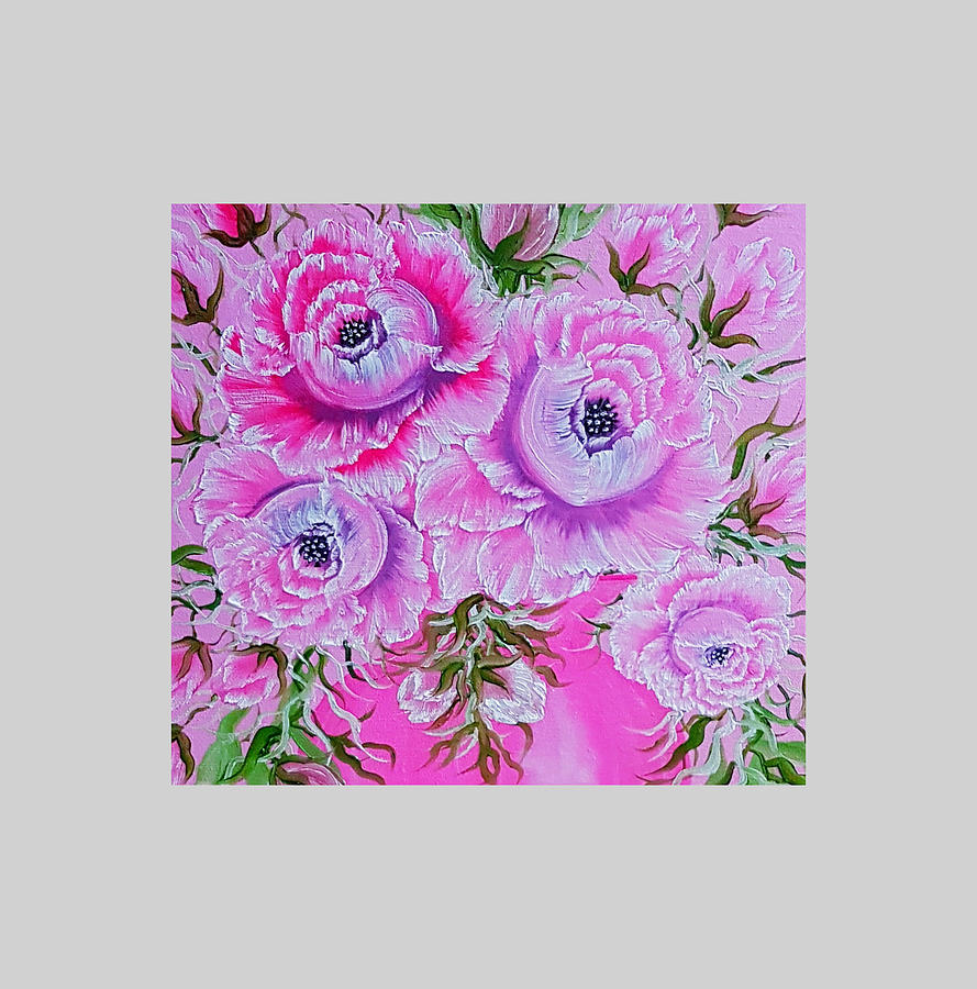 Flower Painting - Cubed party of roses pink lush on grey by Angela Whitehouse