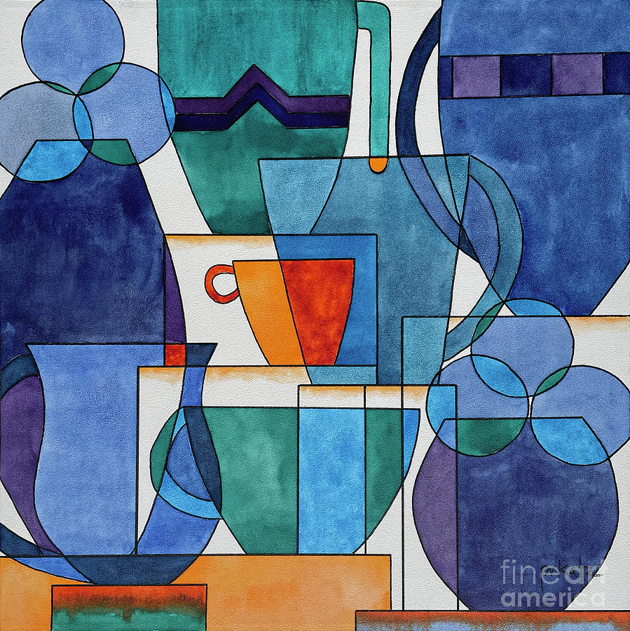 Cubist Coffee Blues Painting by Pat Katz