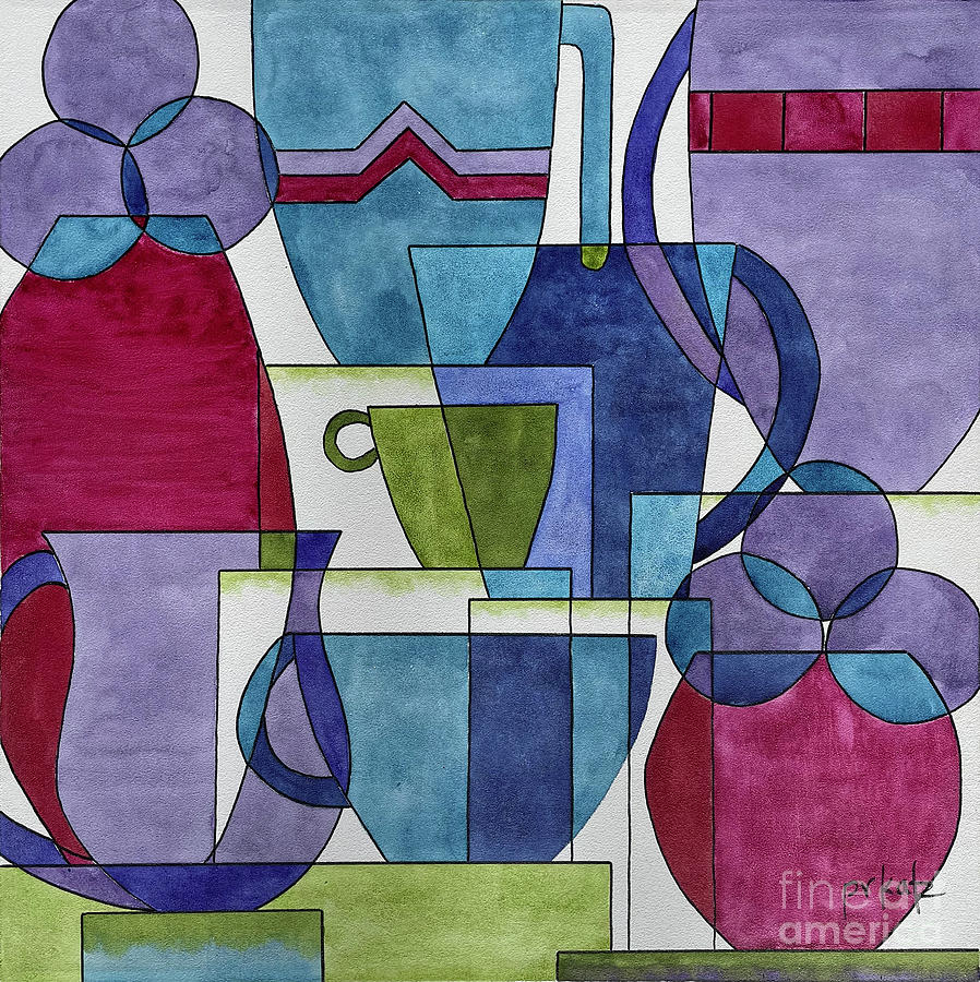 Cubist Coffee Purples Painting by Pat Katz