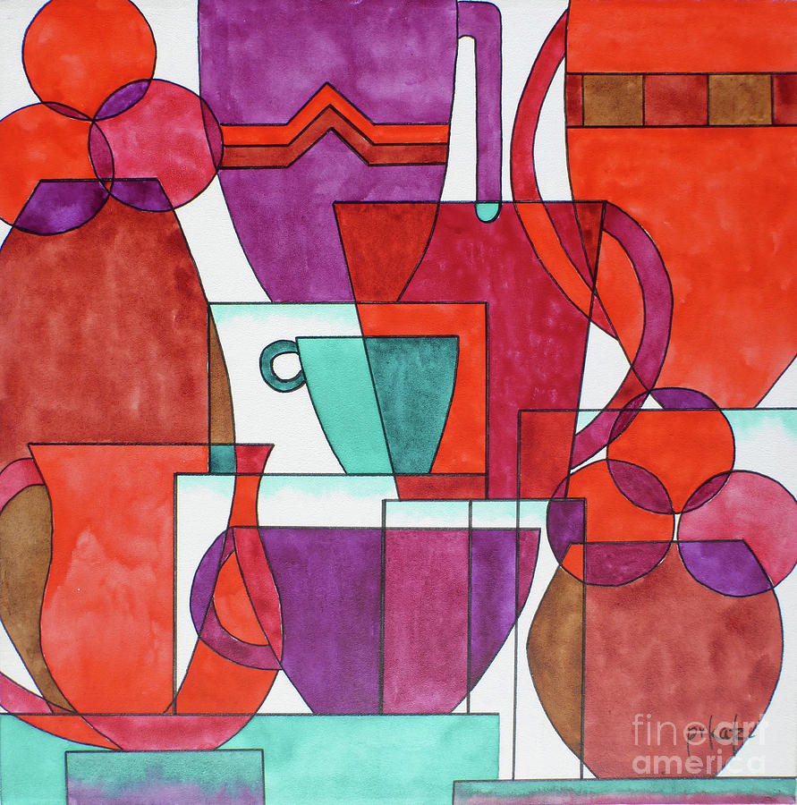 Cubist Coffee Reds Painting by Pat Katz