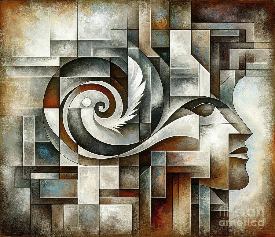 Cubist-inspired digital painting of a stylized human profile with geometric shapes  Digital Art by Odon Czintos