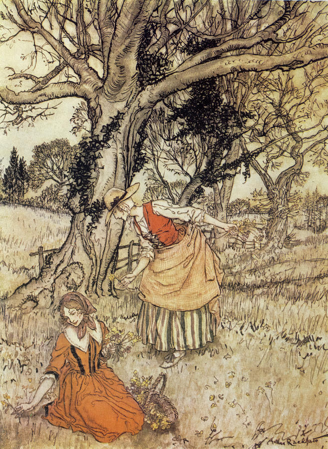 British Drawing - Culverkeys and cowslips from Compleat Angler 1931 by Arthur Rackham