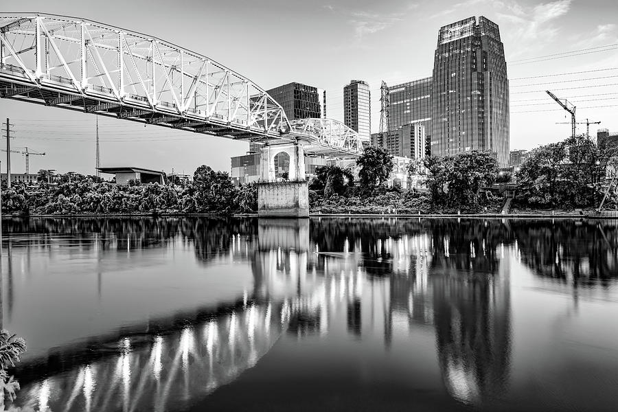 Nashville Skyline Photograph - Cumberland River and Pedestrian Bridge in Downtown Nashville Tennessee - Black and White by Gregory Ballos