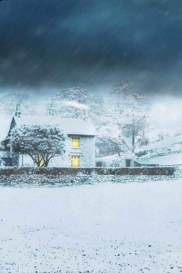 Cumbrian Cottage in snow storm Photograph by Maggie Mccall