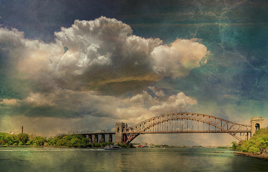 Cumulus Clouds over Hell Gate Bridge Photograph by Cate Franklyn