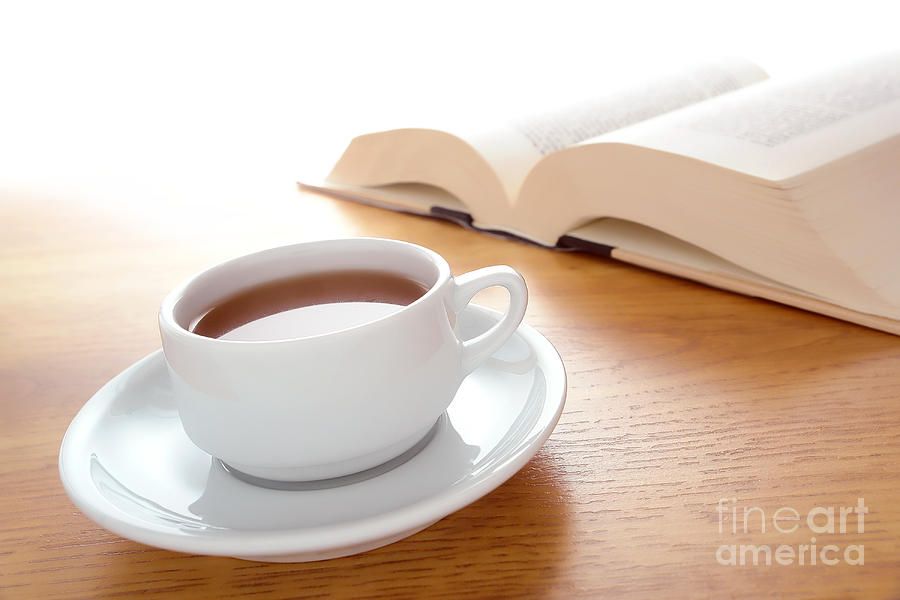 Cup of Coffee and Big Book Leisure on a Wood Table Photograph by Olivier Le Queinec