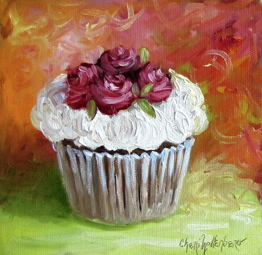 Cupcake With Roses  Painting by Cheri Wollenberg
