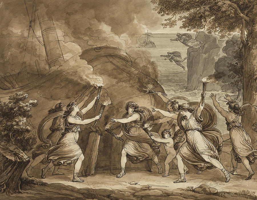 Cupid Advises Calypso to Set Fire to Mentors Ship Drawing by Bartolomeo Pinelli