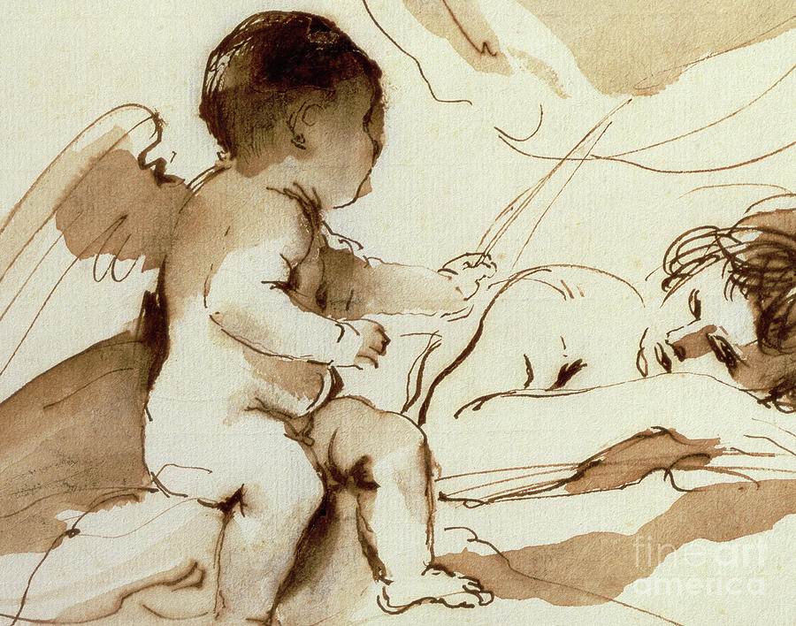 Up Movie Drawing - Cupid and Sleeping Venus  detail by Guercino
