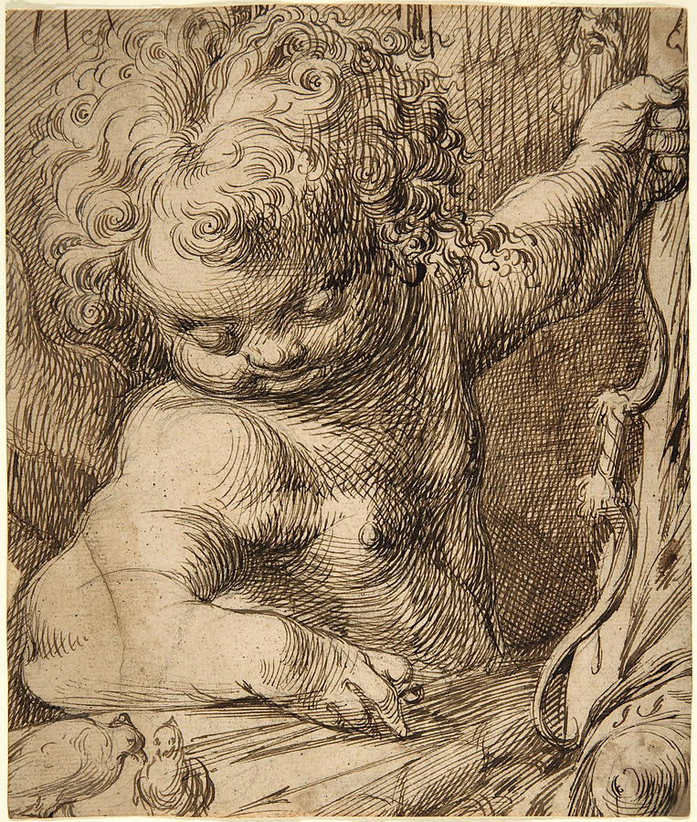 Cupid with Two Doves Drawing by Toussaint Dubreuil