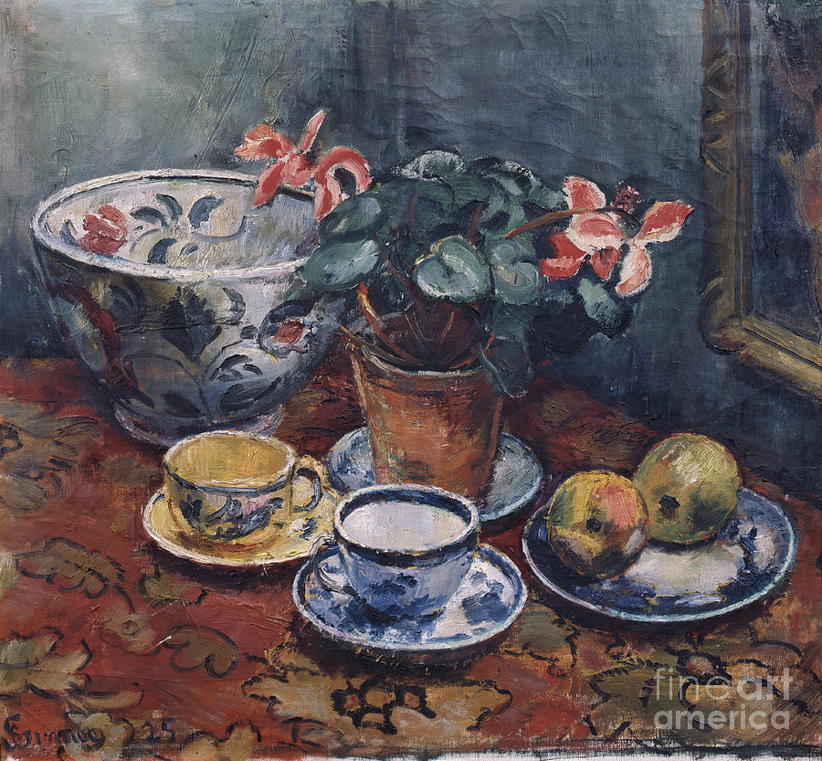 Cups, flowers and fruit, 1925 Painting by O Vaering by Severin Grande
