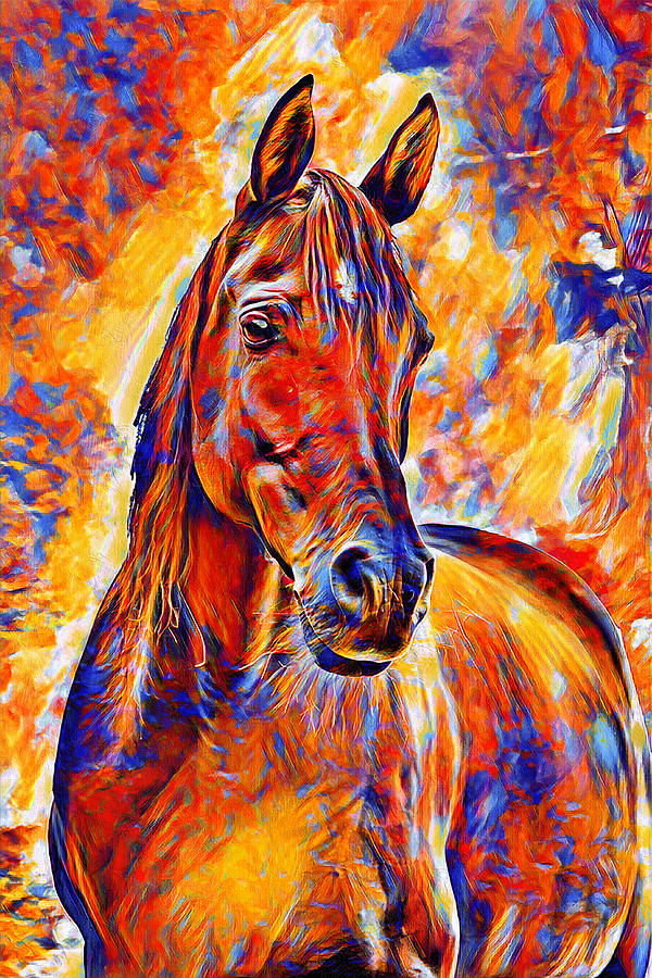 Curious Arabian horse - colorful blue, red and orange digital painting Digital Art by Nicko Prints
