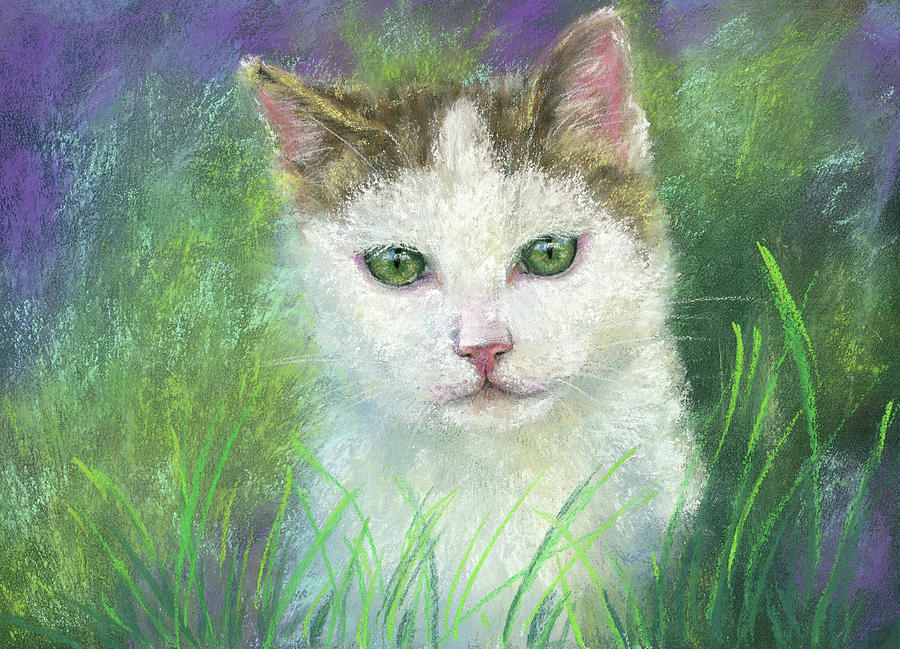 Curious cat in the green meadow Painting by Karen Kaspar