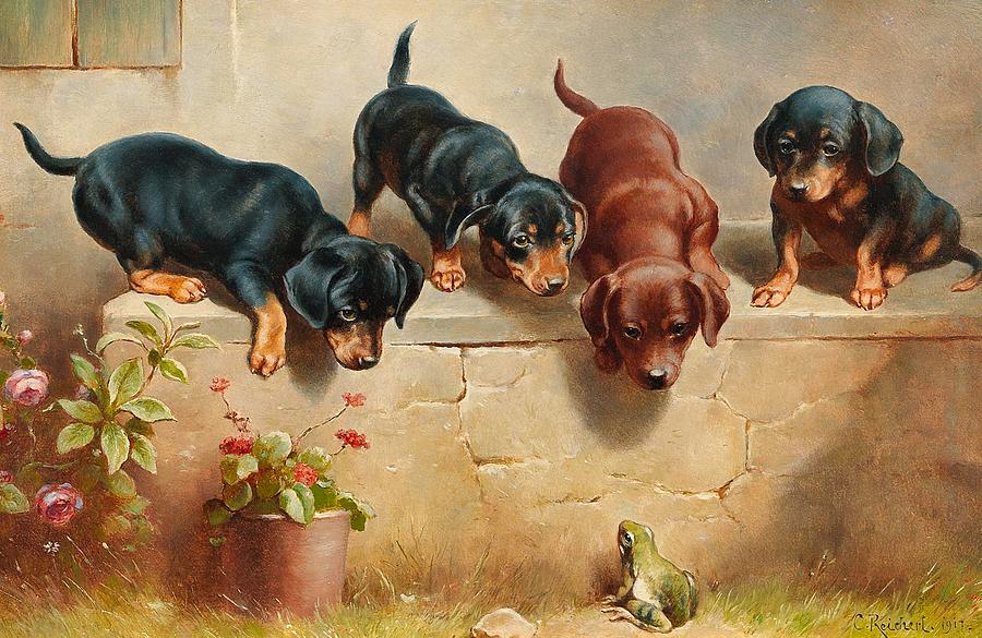 Animal Painting - Curious Dachshund Puppies And A Frog by Mountain Dreams