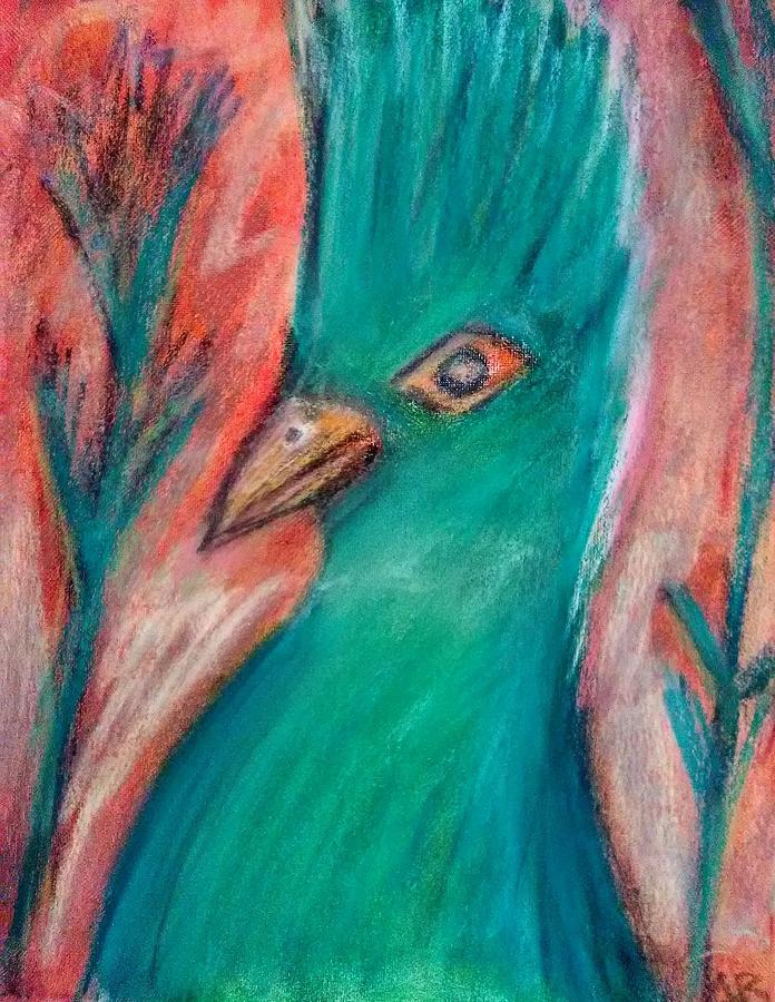 Curious Green Bird Pastel