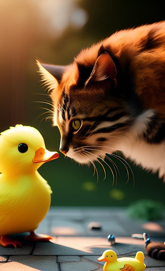 Curious Kitty Meets Curious Duck Digital Art by Denise F Fulmer