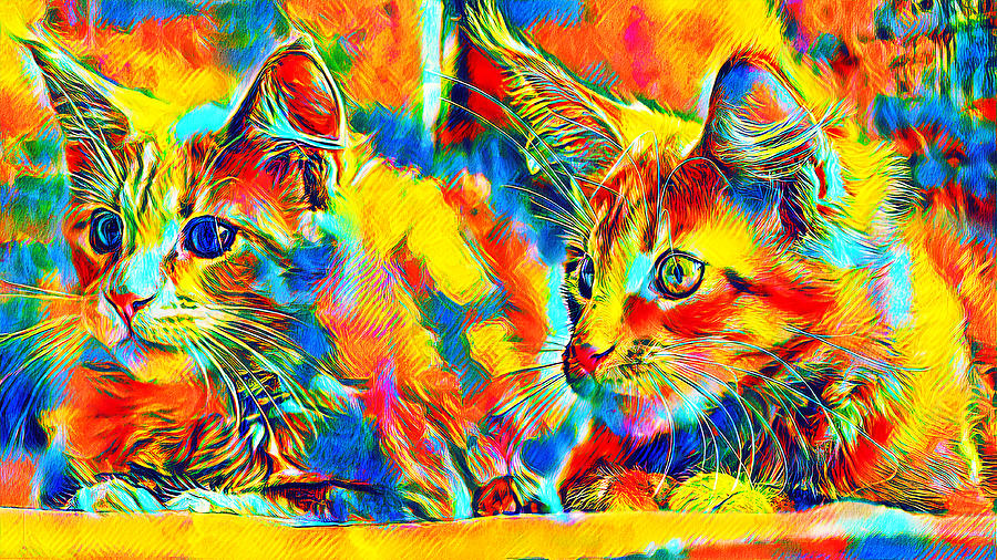 Curious Maine Coon kittens - colorful blue, red and yellow digital painting Digital Art by Nicko Prints
