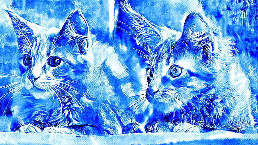 Curious Maine Coon kittens - digital painting in blue and white Digital Art by Nicko Prints