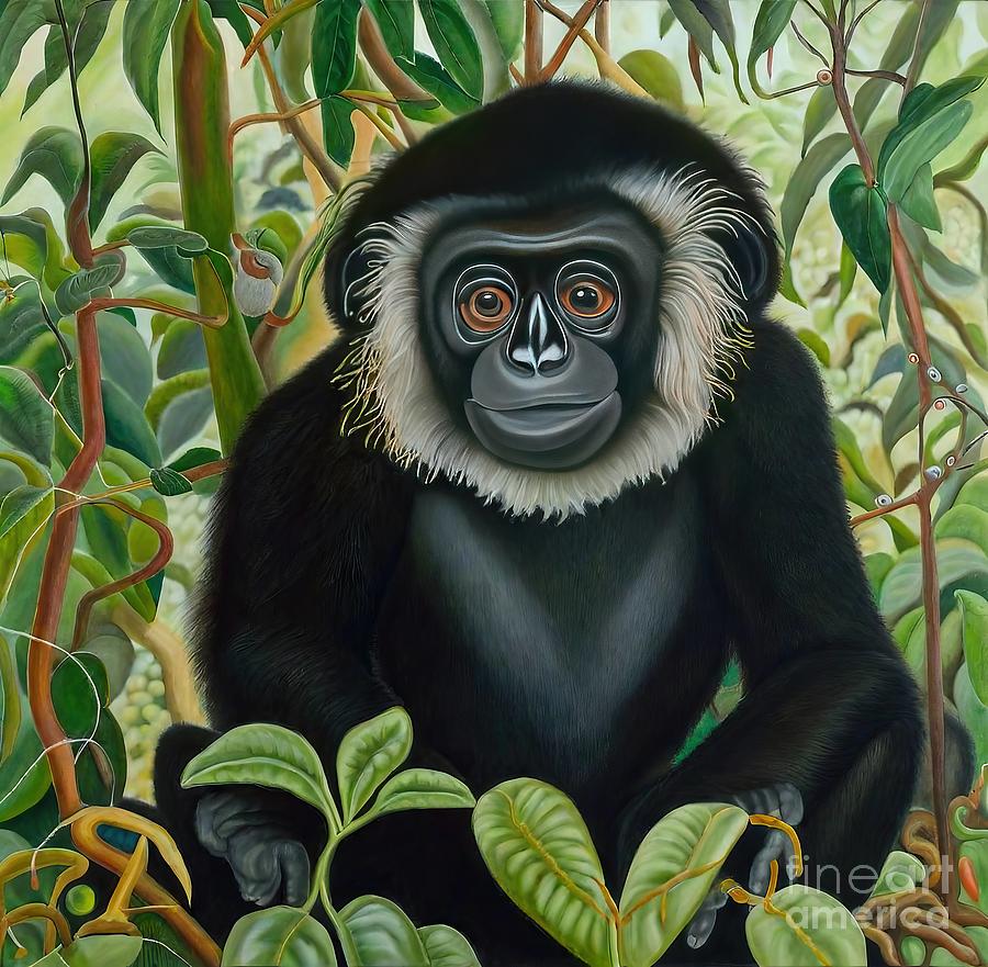 Curious Monkey Painting rainforest monkey exotic tropical flowers tree