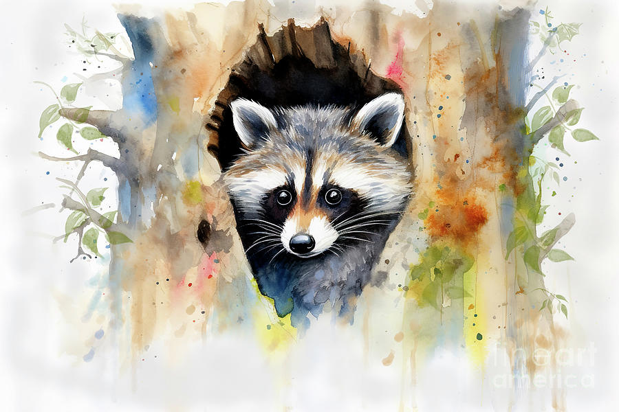 Curious Raccoon In A Tree Mixed Media by Sandi OReilly