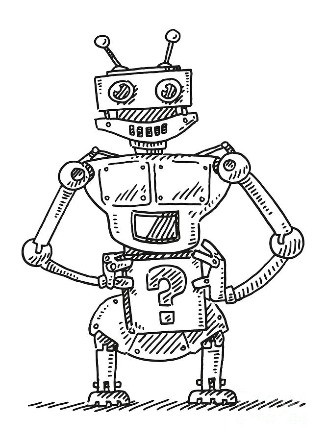 Black And White Drawing - Curious Robot With Question Mark Box In Hands Drawing by Frank Ramspott