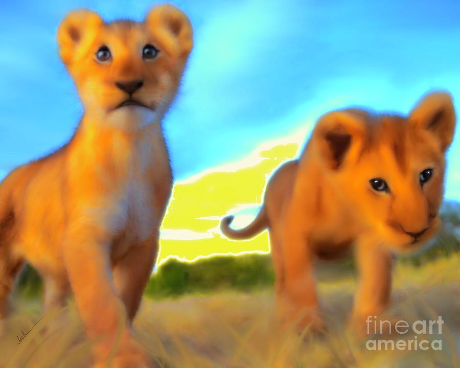 Lion Cubs Painting - Curious Siblings by Jack Bunds Lion Cubs Painting - Curious Siblings by Jack Bunds