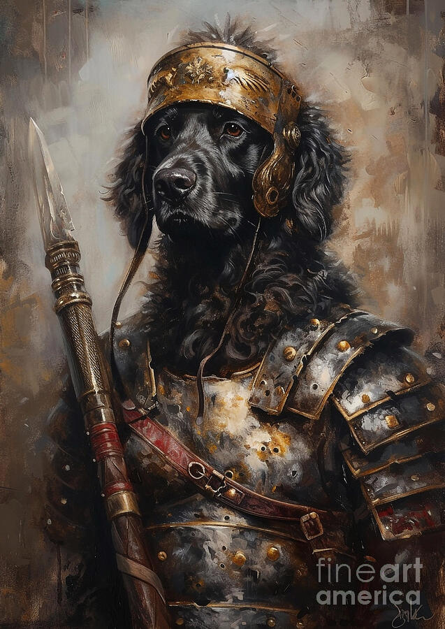 Dog Painting - Curly-Coated Retriever - in the attire of a Roman coastal guard, resilient and capable by Adrien Efren