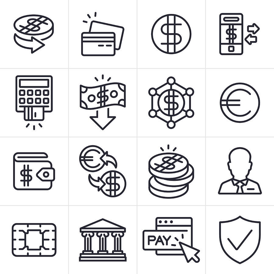 Currency Finance and Banking Icons and Symbols Drawing by Filo
