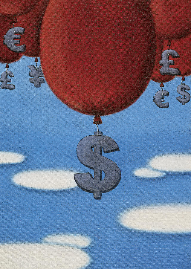 Currency Symbols Attached to Balloons, and a Dollar Symbol Rising Drawing by Mandy Pritty