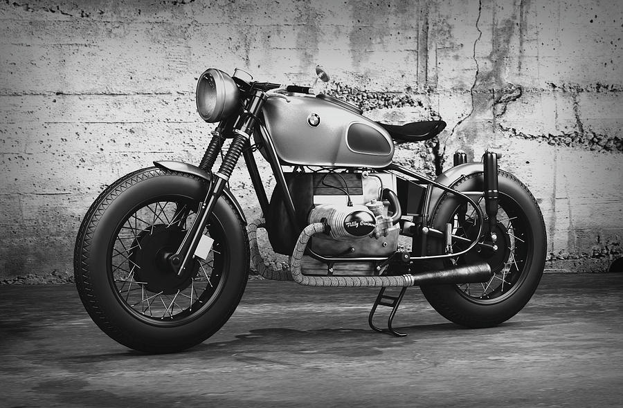 Vintage Mixed Media - Custom Classic BMW Motorcycle Vintage Shot Against Concrete Wall Black and White by Design Turnpike